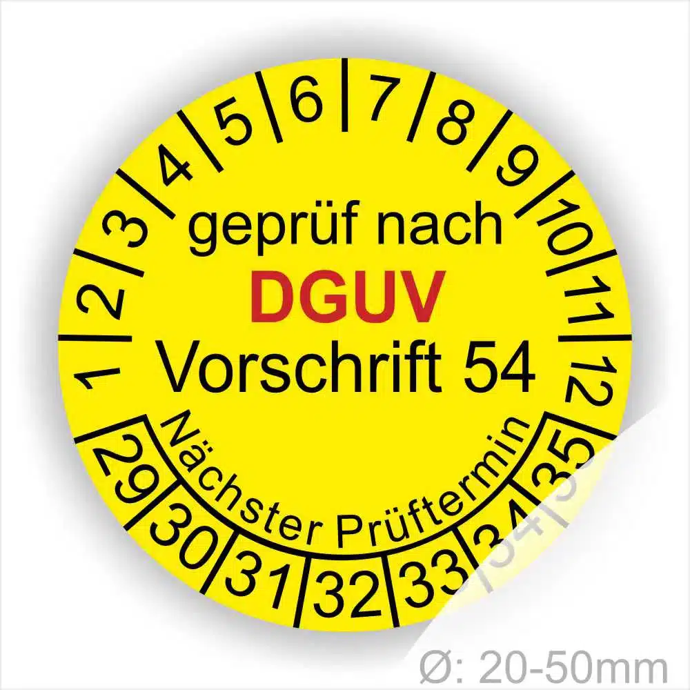 Gelbes Prüfetikett gemäß DGUV Vorschrift 54 mit Angaben zu Prüfnumer und nächsten Prüfterminen. Durchmesser 20-50 mm.