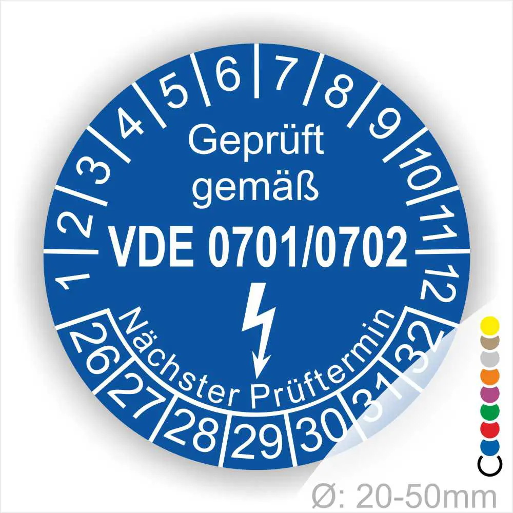 VDE 0701 0702 Prüfplakette blau rund mit Monatsanzeige und Jahresring zur Kennzeichnung des nächsten Prüftermins elektrischer Betriebsmittel – selbstklebender Prüfaufkleber Ø 20–50 mm