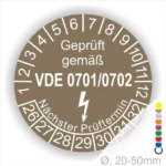 VDE Prüfplakette für elektrische Geräte, gemäß VDE 0701/0702, mit Angaben zu Prüfintervallen und nächstem Prüftermin, Durchmesser 20-50 mm.