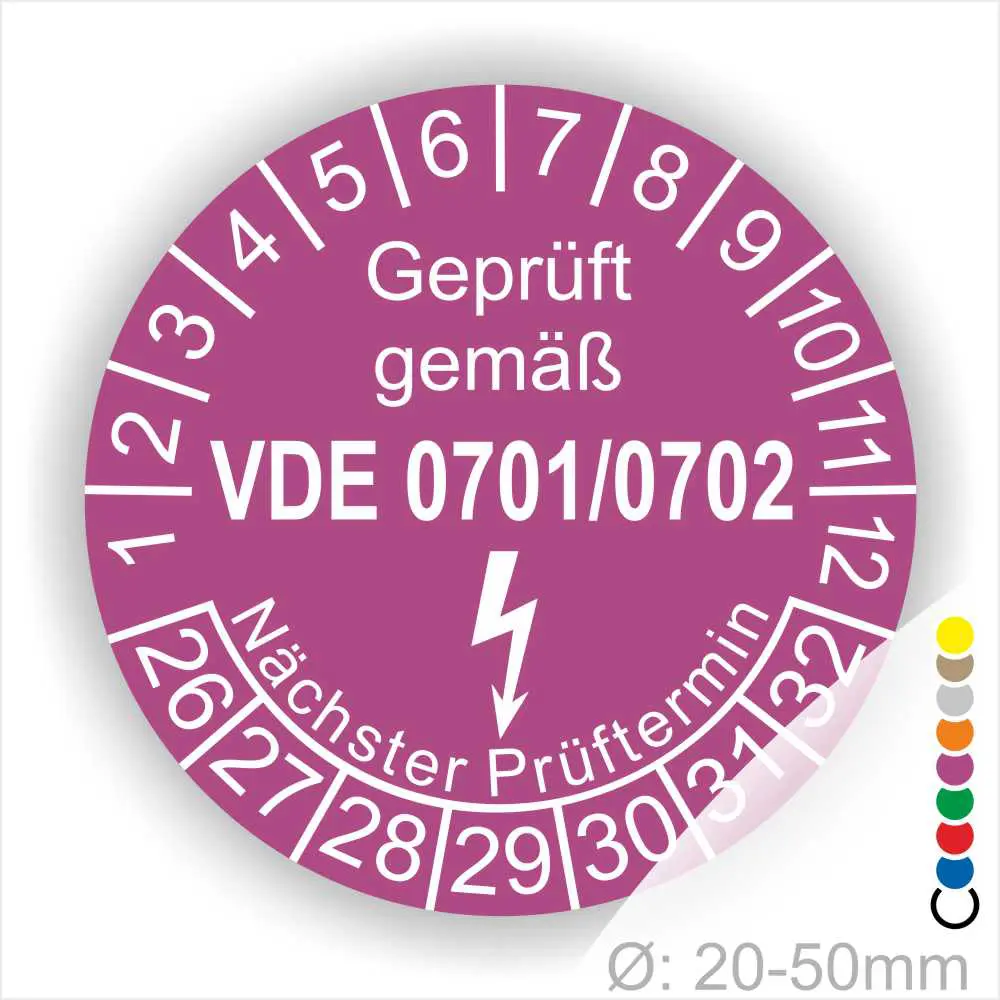 Prüfsiegel für elektrische Geräte gemäß VDE 0701/0702, mit Angaben zur nächsten Prüfung. Durchmesser 20-50 mm, farbige Markierungen zur Identifikation.