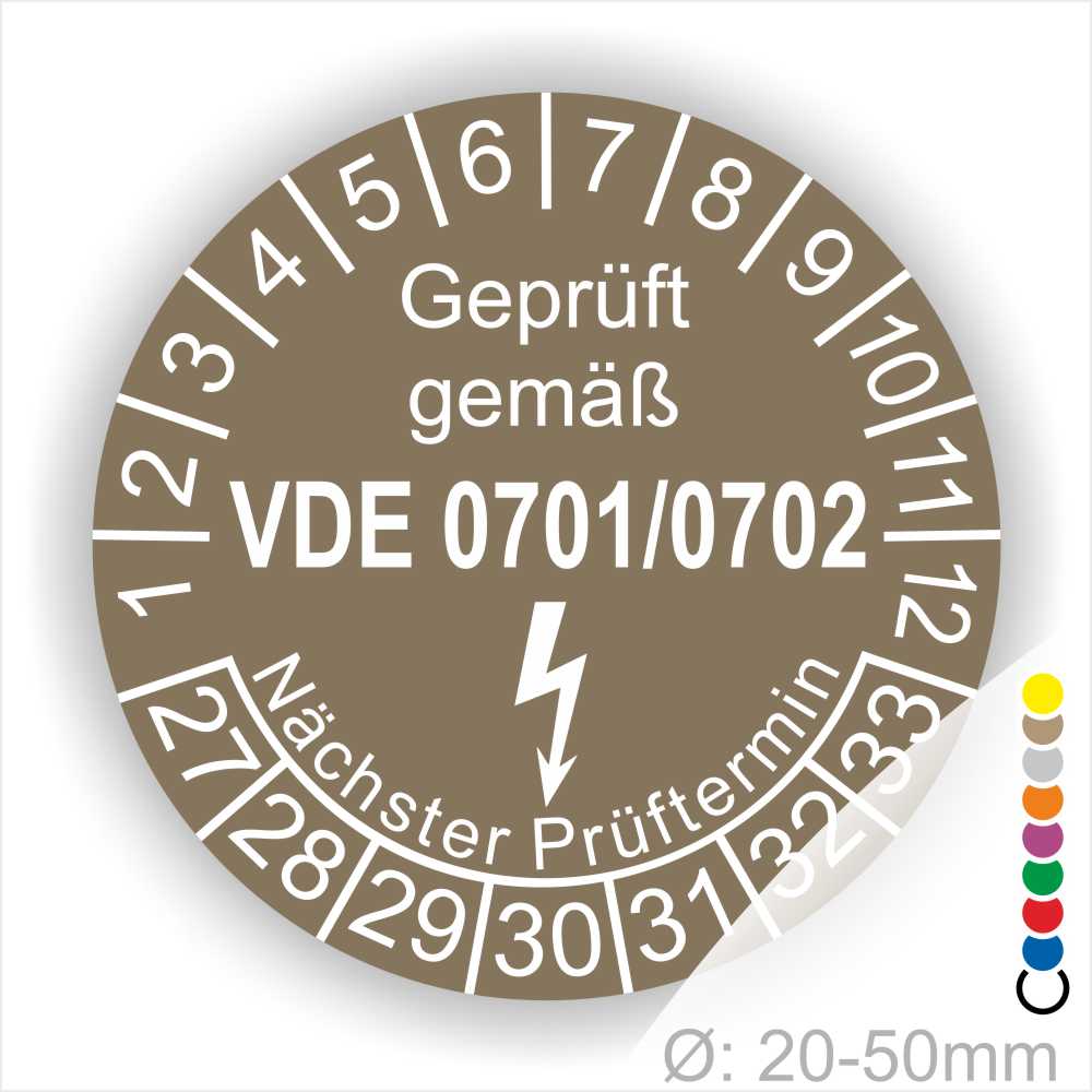 Prüfsiegel gemäß VDE 0701/0702 mit Angaben zu Prüfterminen und Prüfzahlen, Durchmesser von 20-50 mm.