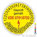 VDE 0701 0702 Prüfplakette gelb rund mit Monatsanzeige und Jahresring zur Kennzeichnung des nächsten Prüftermins elektrischer Betriebsmittel – selbstklebender Prüfaufkleber Ø 20–50 mm
