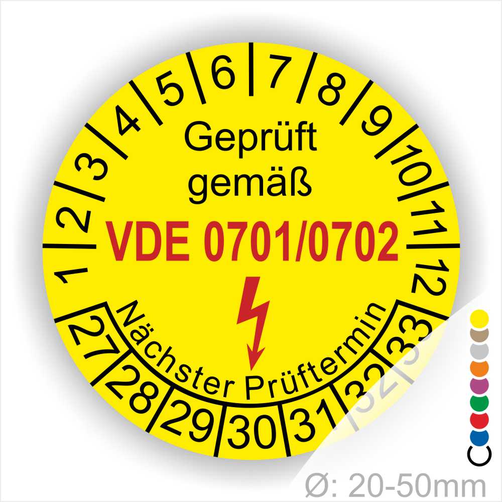 VDE 0701 0702 Prüfplakette gelb rund mit Monatsanzeige und Jahresring zur Kennzeichnung des nächsten Prüftermins elektrischer Betriebsmittel – selbstklebender Prüfaufkleber Ø 20–50 mm