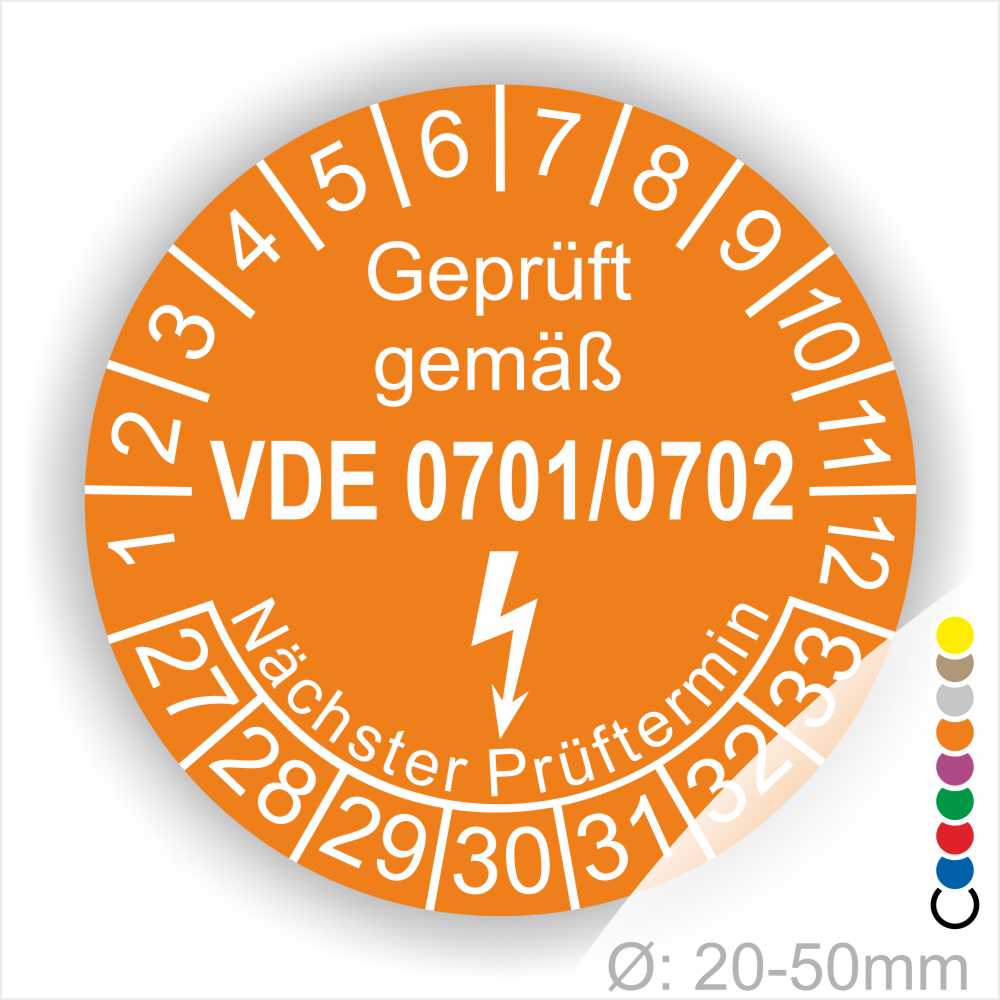Prüfzertifikat in orange für elektrische Geräte, gemäß VDE 0701/0702, mit Angabe des nächsten Prüftermins und Durchmesser von 20-50 mm.