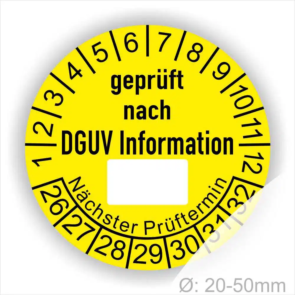 Gelbes Prüfetikett mit der Aufschrift "geprüft nach DGUV" und einem leeren Feld für den nächsten Prüftermin, geeignet für Geräte mit einem Durchmesser von 20-50 mm.