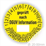 Prüfplaketten DGUV Info mit Beschriftungsfeld Startjahr- 2025, Farbe- Gelb.