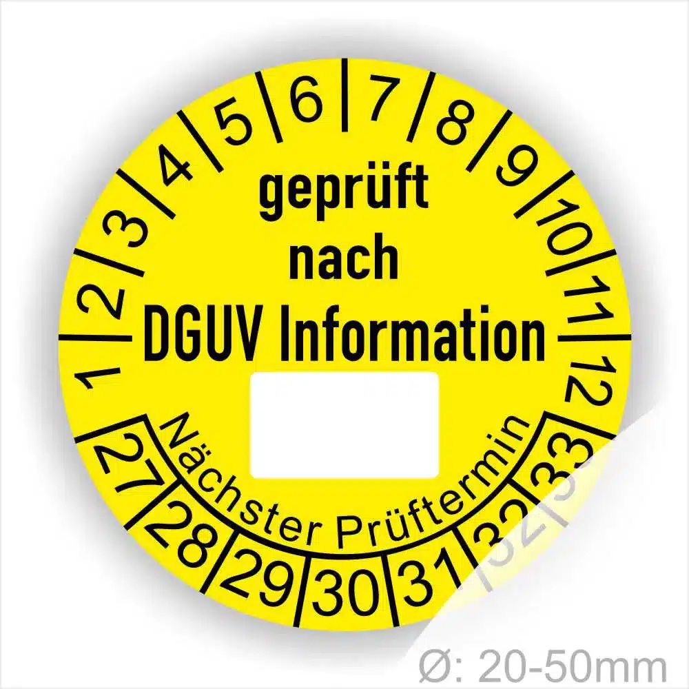 Prüfplaketten DGUV Info mit Beschriftungsfeld Startjahr- 2025, Farbe- Gelb.