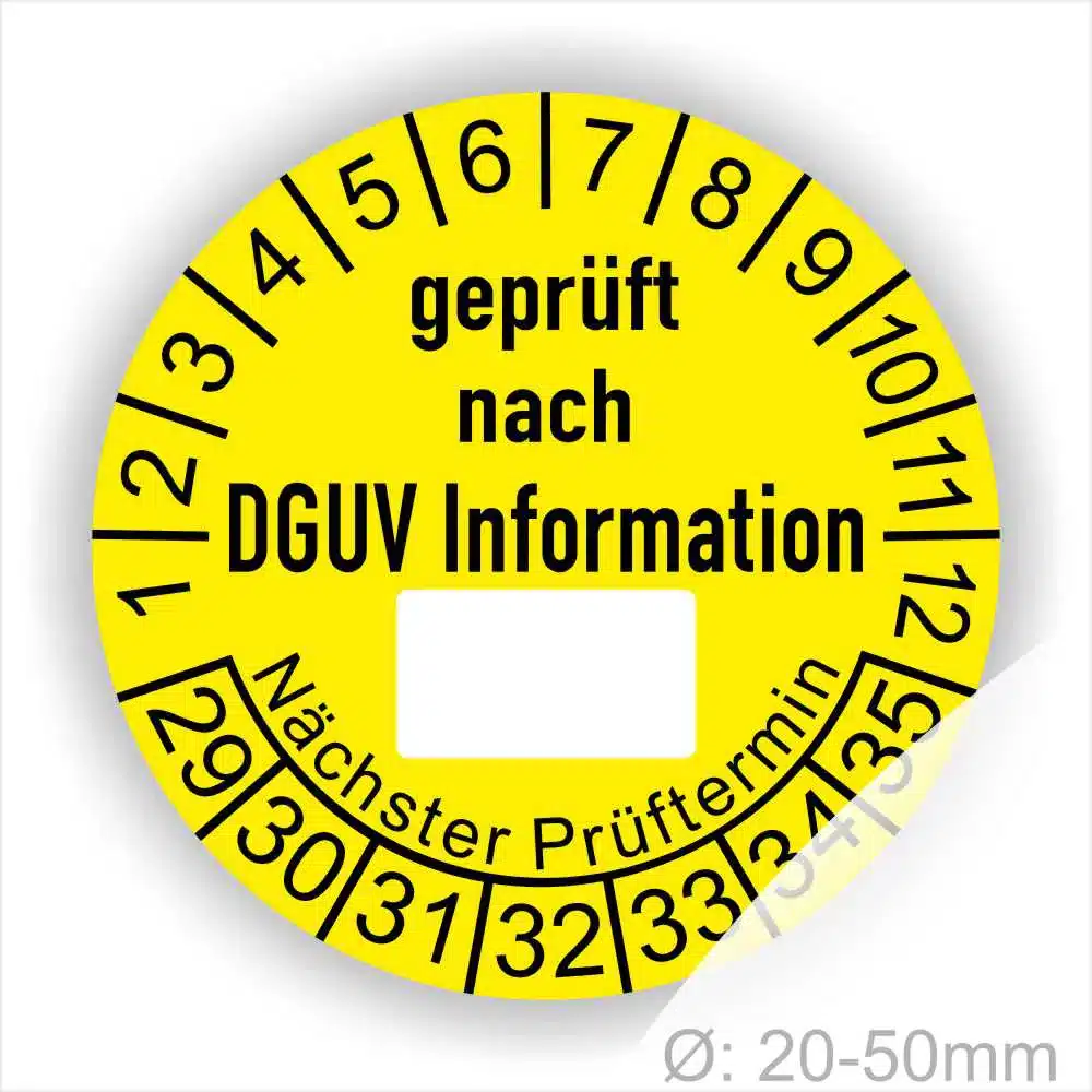 Gelber Prüfaufkleber mit der Aufschrift "geprüft nach DGUV Information" und Platz für den nächsten Prüftermin, geeignet für Geräte mit einem Durchmesser von 20-50 mm.