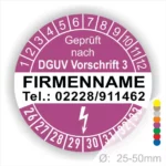 Runder Prüfaufkleber mit dem Hinweis "Geprüft nach DGUV Vorschrift 3", Firmennamen und Telefonnummer, Durchmesser zwischen 25 und 50 mm, geeignet für Sicherheitskennzeichnungen.