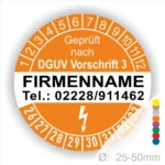 Orangefarbener Prüfaufkleber nach DGUV Vorschrift 3 mit Platz für Firmennamen und Telefonnummer, Durchmesser 25-50mm, zur Kennzeichnung von geprüften Geräten.