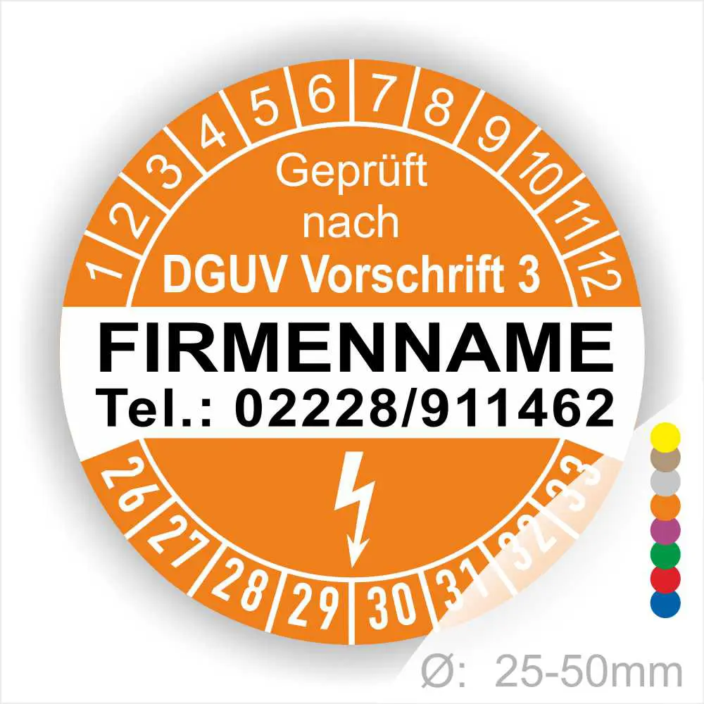 Orangefarbener Prüfaufkleber nach DGUV Vorschrift 3 mit Platz für Firmennamen und Telefonnummer, Durchmesser 25-50mm, zur Kennzeichnung von geprüften Geräten.