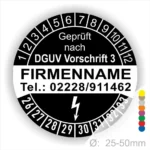 Runder Prüfaufkleber mit der Aufschrift "Geprüft nach DGUV Vorschrift 3", Platz für den Firmennamen und Kontaktdaten, sowie einer Skala von 1 bis 12 und einem Blitzsymbol. Geeignet für Durchmesser von 25-50 mm.