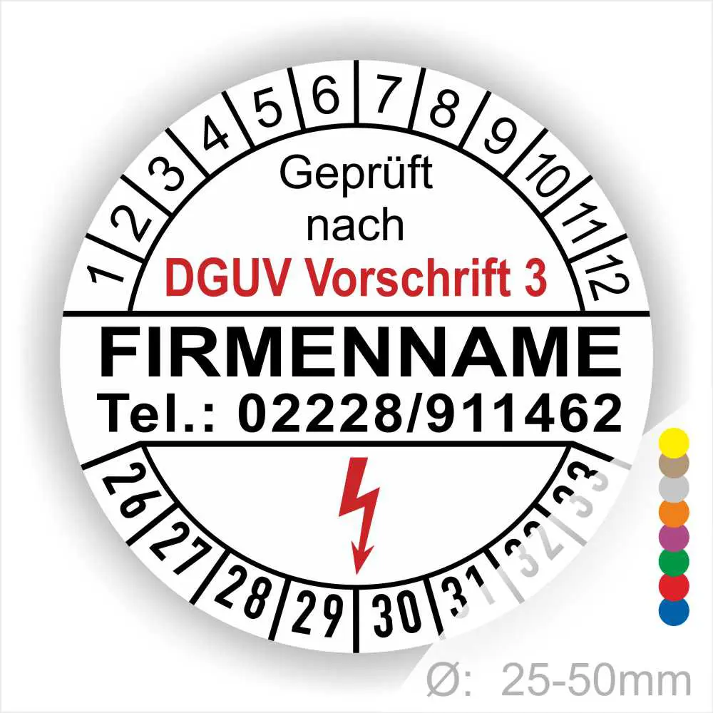 Rundschild mit der Aufschrift "Geprüft nach DGUV Vorschrift 3", Platz für Firmennamen und Kontaktnummer, geeignet für Prüfplaketten im Bereich Sicherheit und Gesundheitsschutz am Arbeitsplatz, Durchmesser von 25-50mm.