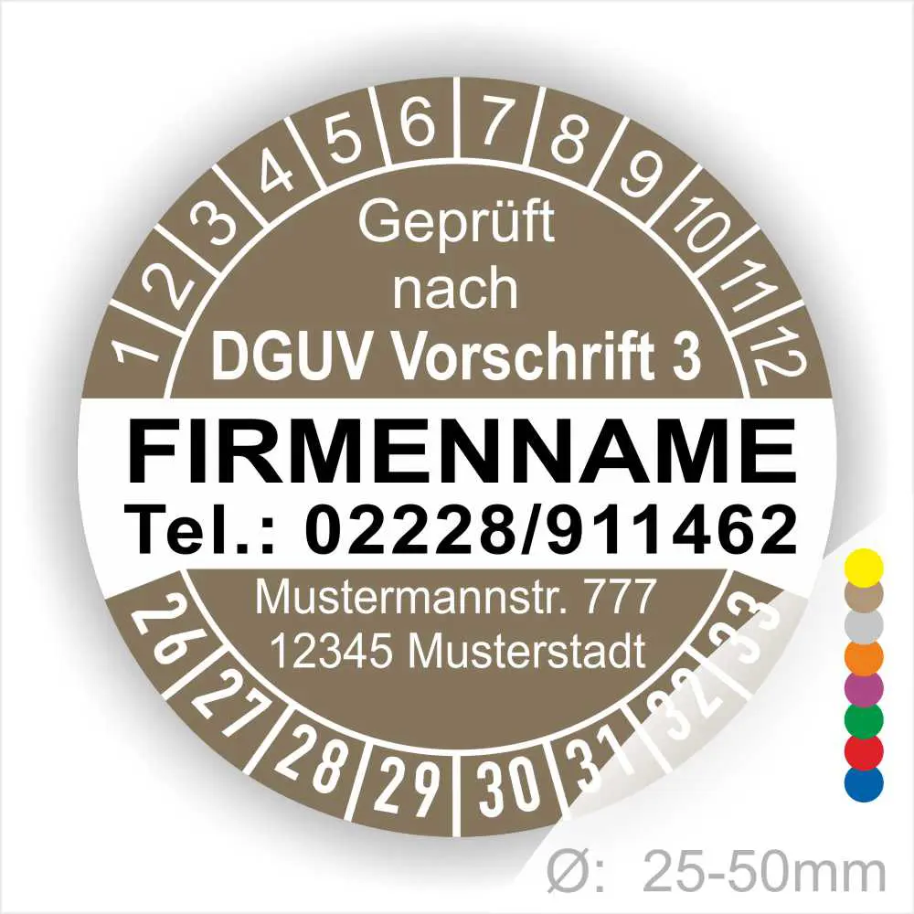 Rundes Prüfzeichen gemäß DGUV Vorschrift 3 mit Platz für Firmennamen, Telefonnummer und Adresse. Durchmesser zwischen 25 und 50 mm, geeignet für Sicherheits- und Prüfzwecke in Unternehmen.