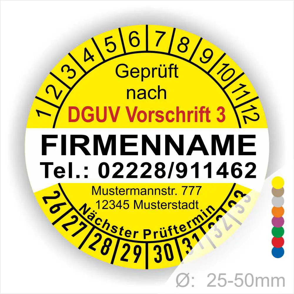 Prüfsiegel gemäß DGUV Vorschrift 3, gelb, mit Kontaktinformationen und nächstem Prüftermin. Geeignet für Geräte mit einem Durchmesser von 25-50 mm.