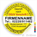 Sicherheitsprüfungssiegel gemäß DGUV Vorschrift 3, mit Platz für Firmennamen und Kontaktdaten, farbige Markierungen und Durchmesserangabe von 25-50mm.