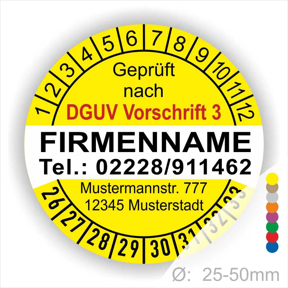 Sicherheitsprüfungssiegel gemäß DGUV Vorschrift 3, mit Platz für Firmennamen und Kontaktdaten, farbige Markierungen und Durchmesserangabe von 25-50mm.