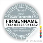 Rundes Prüfsiegel nach DGUV Vorschrift 3 mit Platz für Firmennamen, Telefonnummer und Adresse. Durchmesser von 25-50 mm, ideal für Unternehmen zur Kennzeichnung von geprüften Geräten.