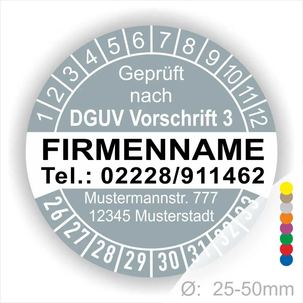 Rundes Prüfsiegel nach DGUV Vorschrift 3 mit Platz für Firmennamen, Telefonnummer und Adresse. Durchmesser von 25-50 mm, ideal für Unternehmen zur Kennzeichnung von geprüften Geräten.