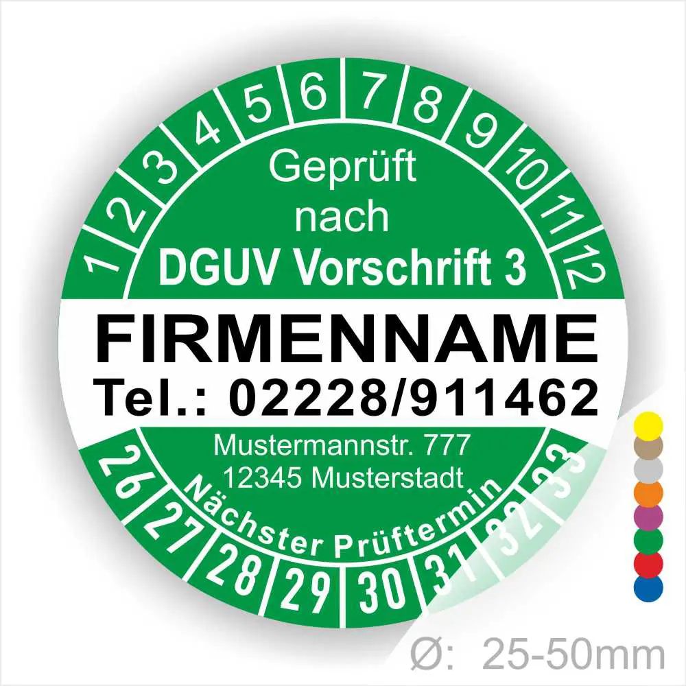 Grünes Prüfzeichen gemäß DGUV Vorschrift 3, Kontaktinformationen der Firma, nächste Prüftermine und Größenangabe von 25-50 mm.