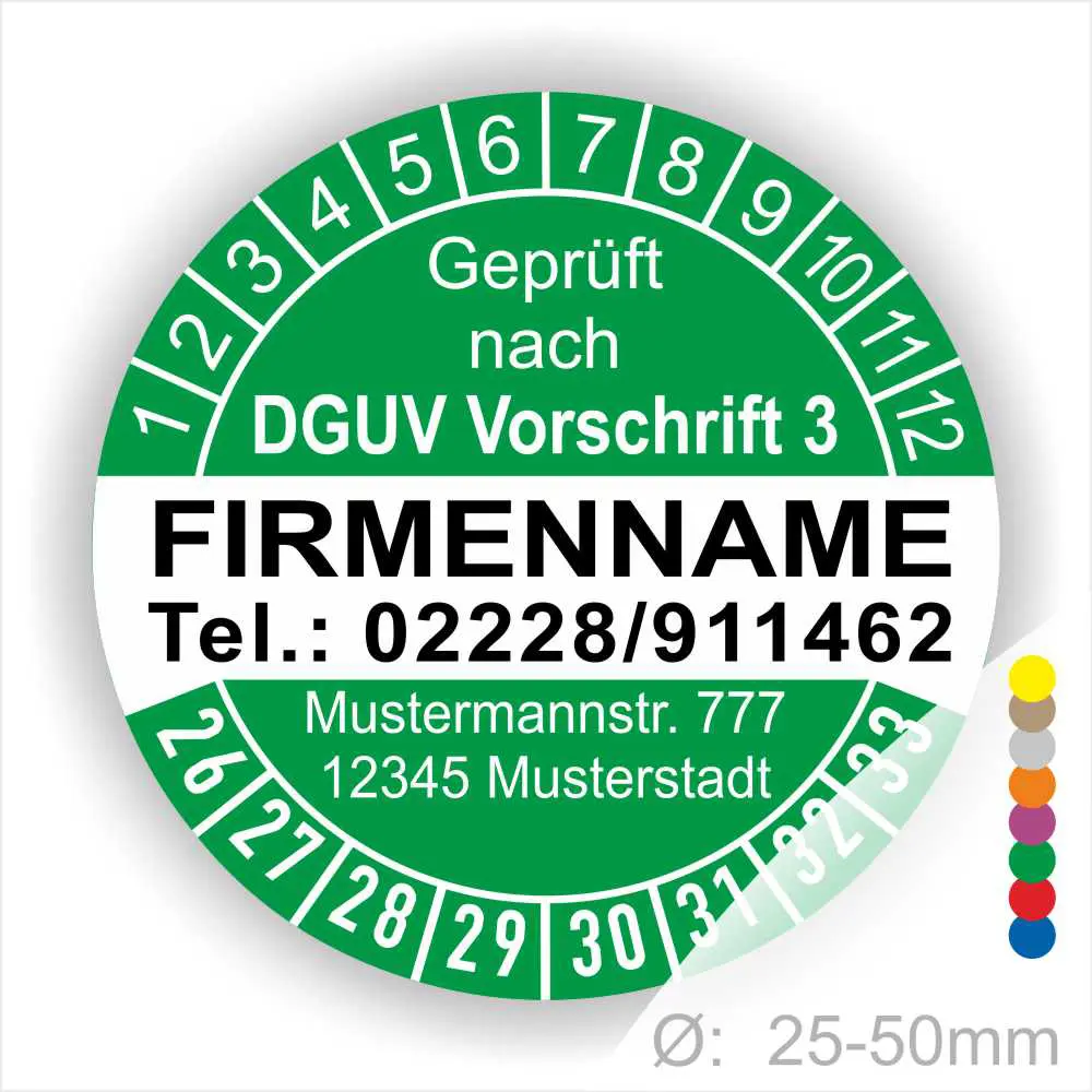 Grünes Prüfzeichen nach DGUV Vorschrift 3 mit Platz für Firmenname, Telefonnummer und Adresse. Durchmesser von 25-50 mm, geeignet für Sicherheits- und Qualitätskennzeichnungen.