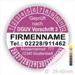 Runde Prüfplakette mit dem Hinweis "Geprüft nach DGUV Vorschrift 3". Enthält Platz für den Firmennamen, die Telefonnummer und die Adresse. Durchmesser von 25-50 mm. Ideal für die Kennzeichnung von geprüften Geräten und Anlagen.