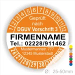 Runder Prüfaufkleber in Orange mit der Aufschrift „Geprüft nach DGUV Vorschrift 3“, Firmennamen, Telefonnummer und Adresse. Geeignet für Größen von 25-50 mm.