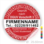 Rotes Prüfsiegel mit der Aufschrift "Geprüft nach DGUV Vorschrift 3", Firmenname, Telefonnummer und Adresse, Durchmesser 25-50 mm.