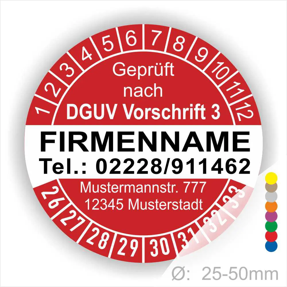 Rotes Prüfsiegel mit der Aufschrift "Geprüft nach DGUV Vorschrift 3", Firmenname, Telefonnummer und Adresse, Durchmesser 25-50 mm.