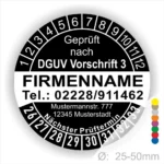 Prüfzertifikat nach DGUV Vorschrift 3 mit Firmennamen, Telefonnummer und Adresse. Gezeigt wird ein Prüfintervall mit Farbcodierung für die nächste Prüfung, Durchmesser von 25-50 mm.