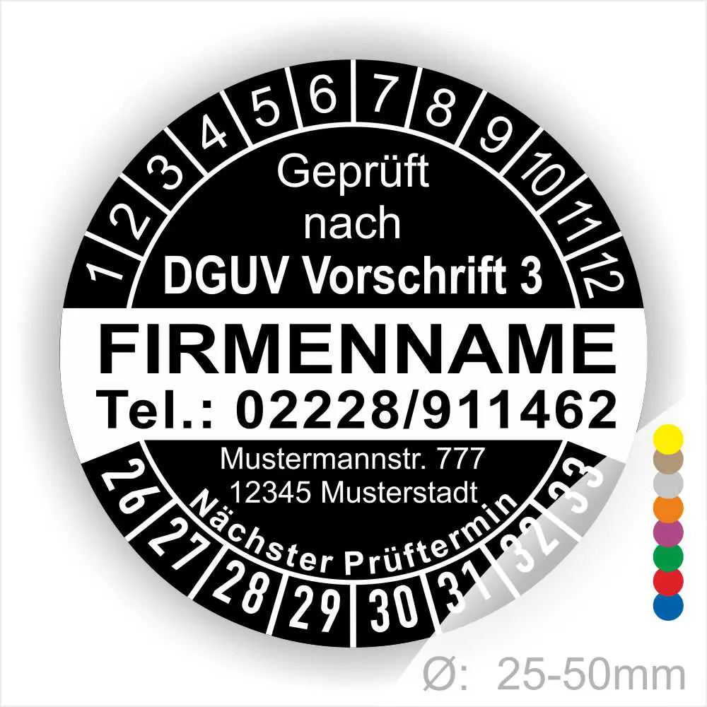 Prüfzertifikat nach DGUV Vorschrift 3 mit Firmennamen, Telefonnummer und Adresse. Gezeigt wird ein Prüfintervall mit Farbcodierung für die nächste Prüfung, Durchmesser von 25-50 mm.