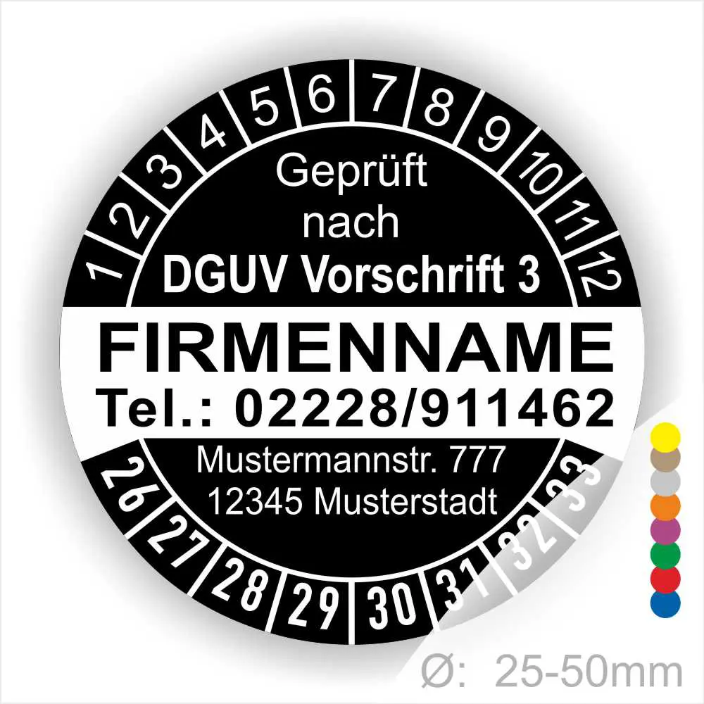 Rundes Prüfzeichen mit der Aufschrift "Geprüft nach DGUV Vorschrift 3", Platz für Firmennamen, Telefonnummer und Adresse, Größe von 25-50mm.