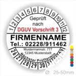 Prüfzettel gemäß DGUV Vorschrift 3 mit Platz für Firmennamen, Kontaktdaten und nächstem Prüftermin, geeignet für Durchmesser von 25-50 mm.