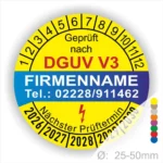 Prüfsiegel nach DGUV V3 mit Platz für Firmennamen und Kontaktnummer, zeigt den nächsten Prüftermin sowie Jahre für bevorstehende Prüfungen. Durchmesser 25-50 mm, farblich gekennzeichnete Jahreszahlen.