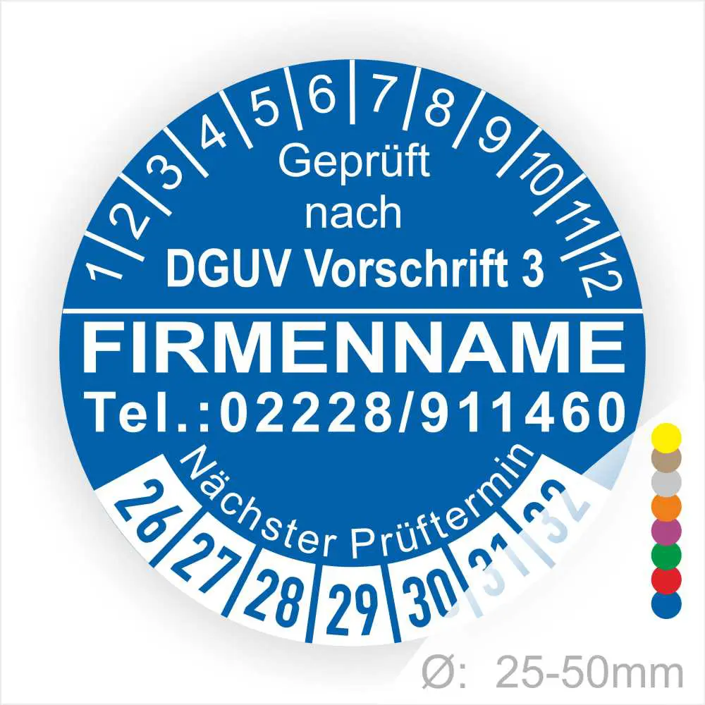 Blaue Prüfplakette gemäß DGUV Vorschrift 3 mit Platz für Firmennamen und Kontaktdaten, zeigt den nächsten Prüftermin und hat einen Durchmesser von 25-50 mm.