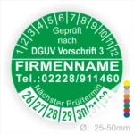 Grünes Prüfzeichen gemäß DGUV Vorschrift 3 mit Platz für Firmenname und Kontaktnummer, inklusive nächstem Prüftermin und Durchmesserangabe von 25-50 mm.