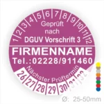 Prüfsiegel gemäß DGUV Vorschrift 3 mit Platz für Firmennamen und Kontaktdaten. Enthält den nächsten Prüftermin und eine Skala für Durchmesser von 25-50 mm.