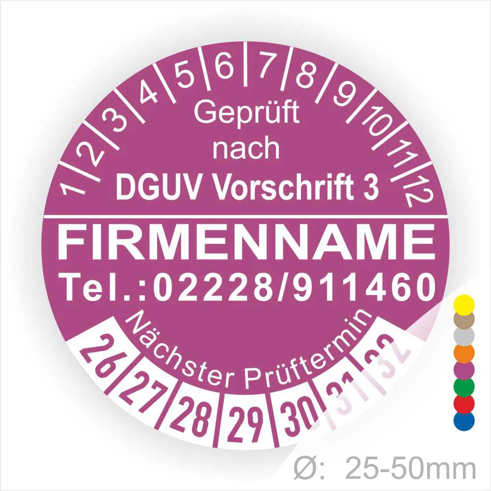 Prüfsiegel gemäß DGUV Vorschrift 3 mit Platz für Firmennamen und Kontaktdaten. Enthält den nächsten Prüftermin und eine Skala für Durchmesser von 25-50 mm.