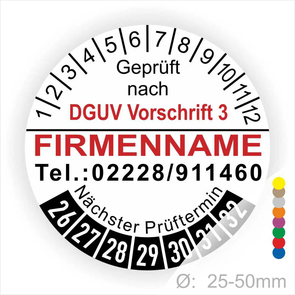 Prüfziffern und Kontaktdaten auf einem DGUV Prüfaufkleber, der die nächste Prüfung anzeigt. Der Aufkleber ist in einem runden Design mit Platz für den Firmennamen und Telefonnummer. Geeignet für Geräte mit einem Durchmesser von 25-50 mm.