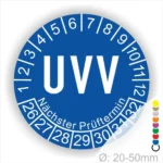 UVV Prüfplakette blau rund mit Monats- und Jahresanzeige zur Kennzeichnung des nächsten Prüftermins – selbstklebender UVV-Prüfaufkleber Ø 20–50 mm