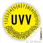 Gelbes UVV-Prüfsiegel mit der Aufschrift "UVV" und dem Hinweis "Nächster Prüftermin" sowie den Monatszahlen von 1 bis 12. Geeignet für Durchmesser von 20-50 mm.
