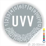UVV-Prüfsiegel mit nächstem Prüftermin, Durchmesser 20-50mm, zeigt Prüfmonate von 1 bis 12 sowie fortlaufende Nummerierung 26 bis 32. Ideal für die Kennzeichnung von Sicherheitsprüfungen.