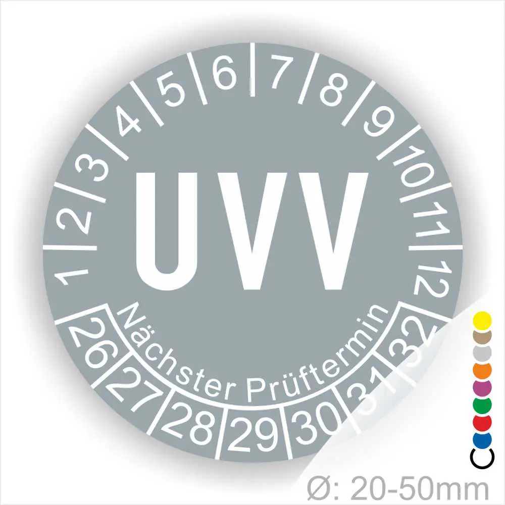UVV-Prüfsiegel mit nächstem Prüftermin, Durchmesser 20-50mm, zeigt Prüfmonate von 1 bis 12 sowie fortlaufende Nummerierung 26 bis 32. Ideal für die Kennzeichnung von Sicherheitsprüfungen.