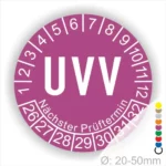UVV-Prüfplakette in lila mit den nächsten Prüfterminen von 1 bis 12 und den Zahlen 26 bis 32. Durchmesser: 20-50mm. Ideal für die Dokumentation von Sicherheitsprüfungen.