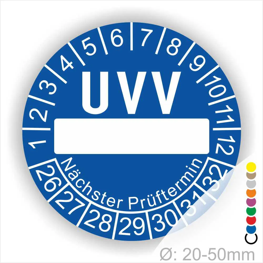 UVV Prüfplakette blau rund mit Beschriftungsfeld, Monatsanzeige und Jahresring zur Kennzeichnung des nächsten Prüftermins – selbstklebender UVV-Prüfaufkleber Ø 20–50 mm
