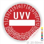 Roter UVV-Prüfaufkleber mit Platz für das Prüfdatum, geeignet für Durchmesser von 20-50 mm, zeigt die nächsten Prüftermine von 1 bis 12 sowie die Jahreszahlen 26 bis 32.