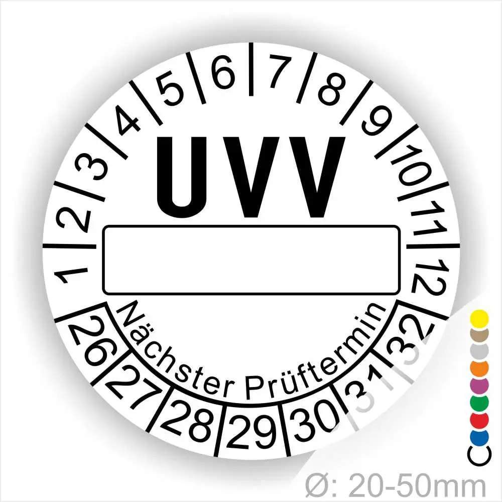 Alt-Text: UVV-Prüfsiegel mit Platz für das Datum des nächsten Prüftermins, geeignet für Durchmesser von 20-50 mm, zur Kennzeichnung von Sicherheitsprüfungen.