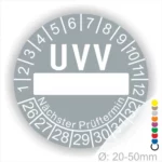 UVV-Prüfplakette im Durchmesser von 20-50mm, mit Platz für den nächsten Prüftermin, ideal zur Kennzeichnung der Sicherheitsprüfung.