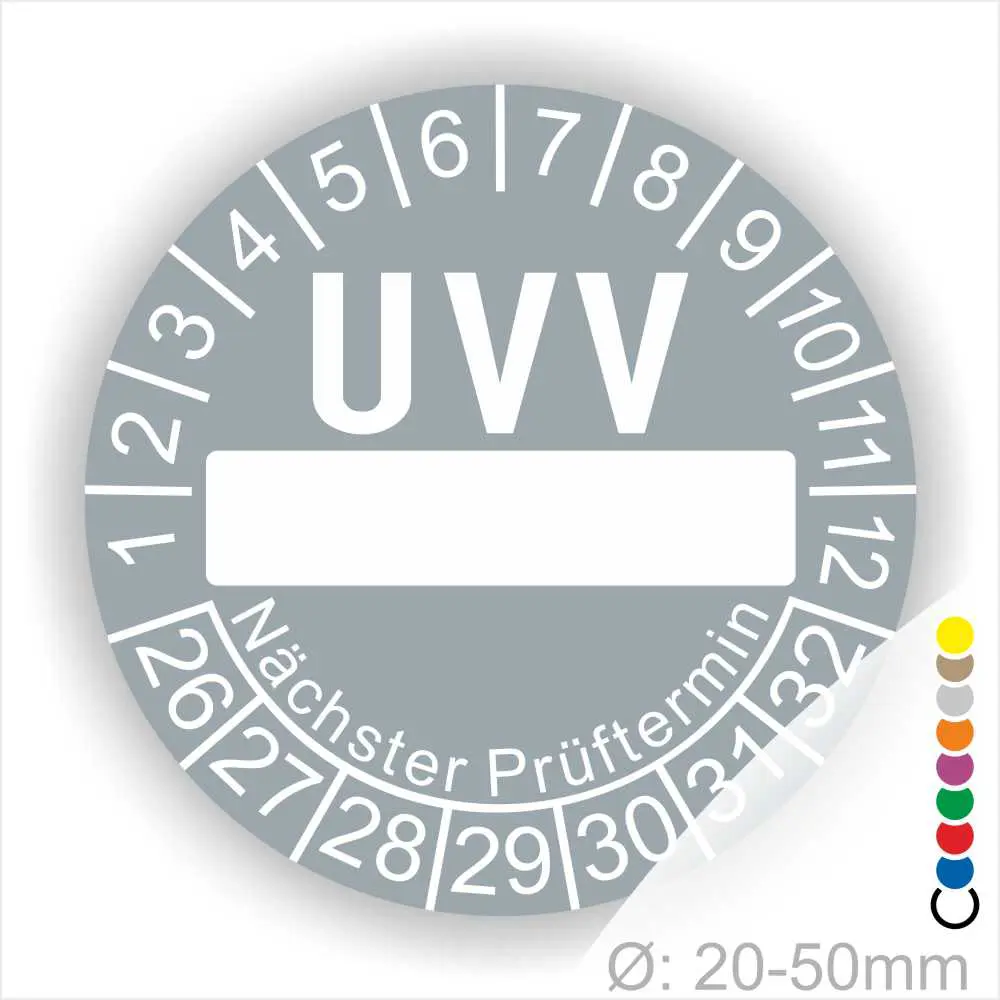 UVV-Prüfplakette im Durchmesser von 20-50mm, mit Platz für den nächsten Prüftermin, ideal zur Kennzeichnung der Sicherheitsprüfung.