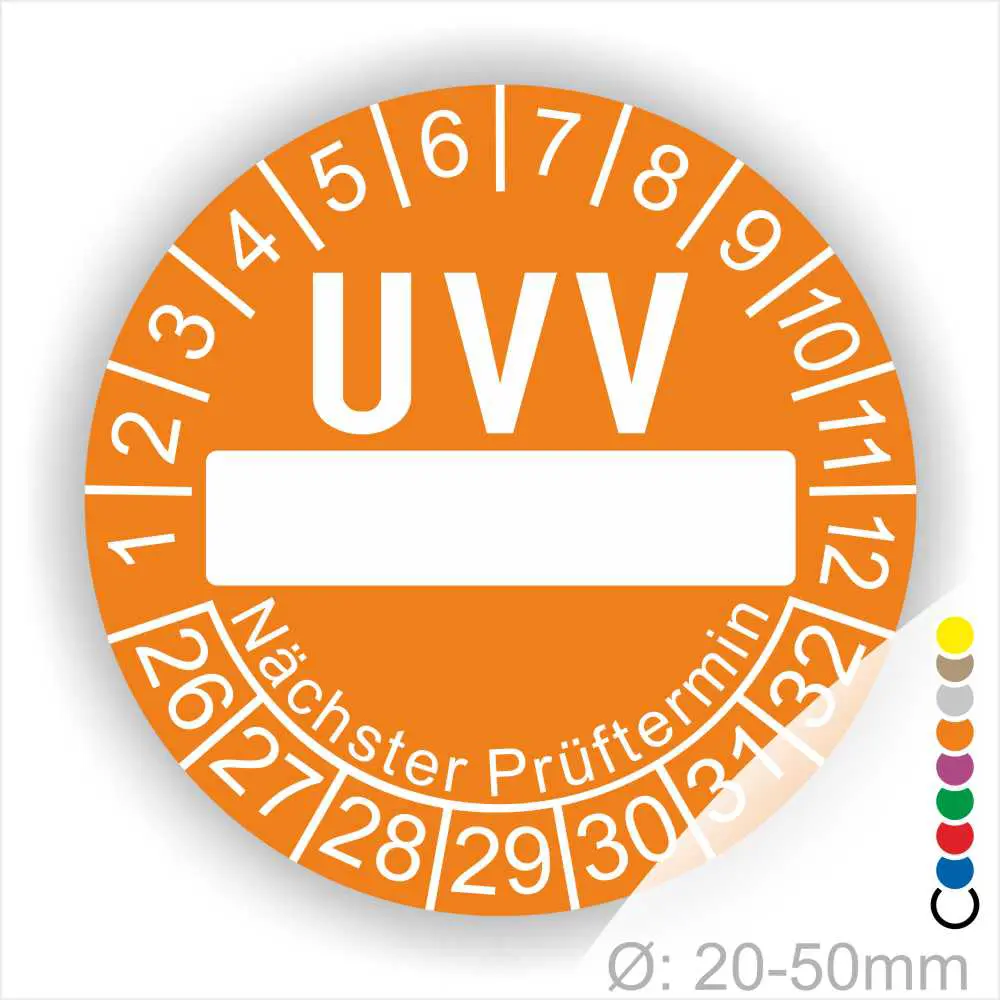 Oranges UVV-Prüfzeichen mit Platz für das nächste Prüfdatum, um die Sicherheitsüberprüfung von Geräten und Maschinen zu kennzeichnen. Durchmesser von 20-50 mm, wichtig für die Einhaltung von Sicherheitsvorschriften.